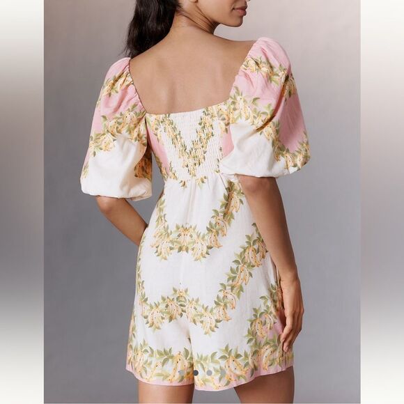 FARM Rio X Anthropologie V-Neck Puff Sleeve Linen Blend Romper - Picture 2 of 4